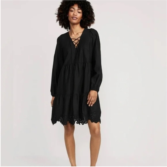 Old Navy Dresses & Skirts - Old Navy Tiered Long Sleeve Lace Up Swing Mini Dress Eyelet Detail Black XXL